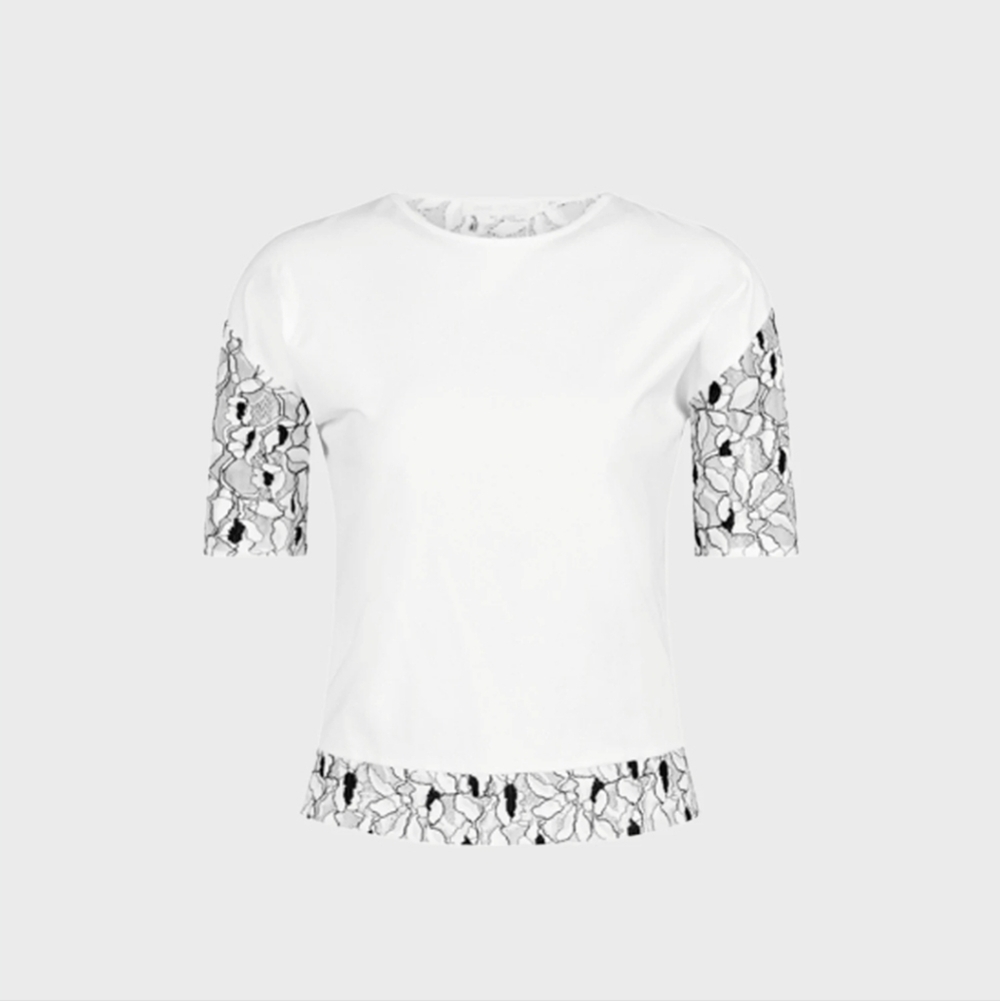 Anne Fontaine White Tee with Black Floral Lace Sleeves